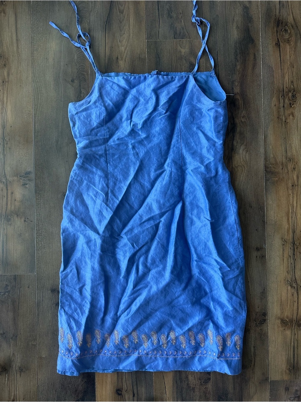Vintage 90s Y2K Blue Embroidered Slip Dress Tie Strap Midi Cottagecore